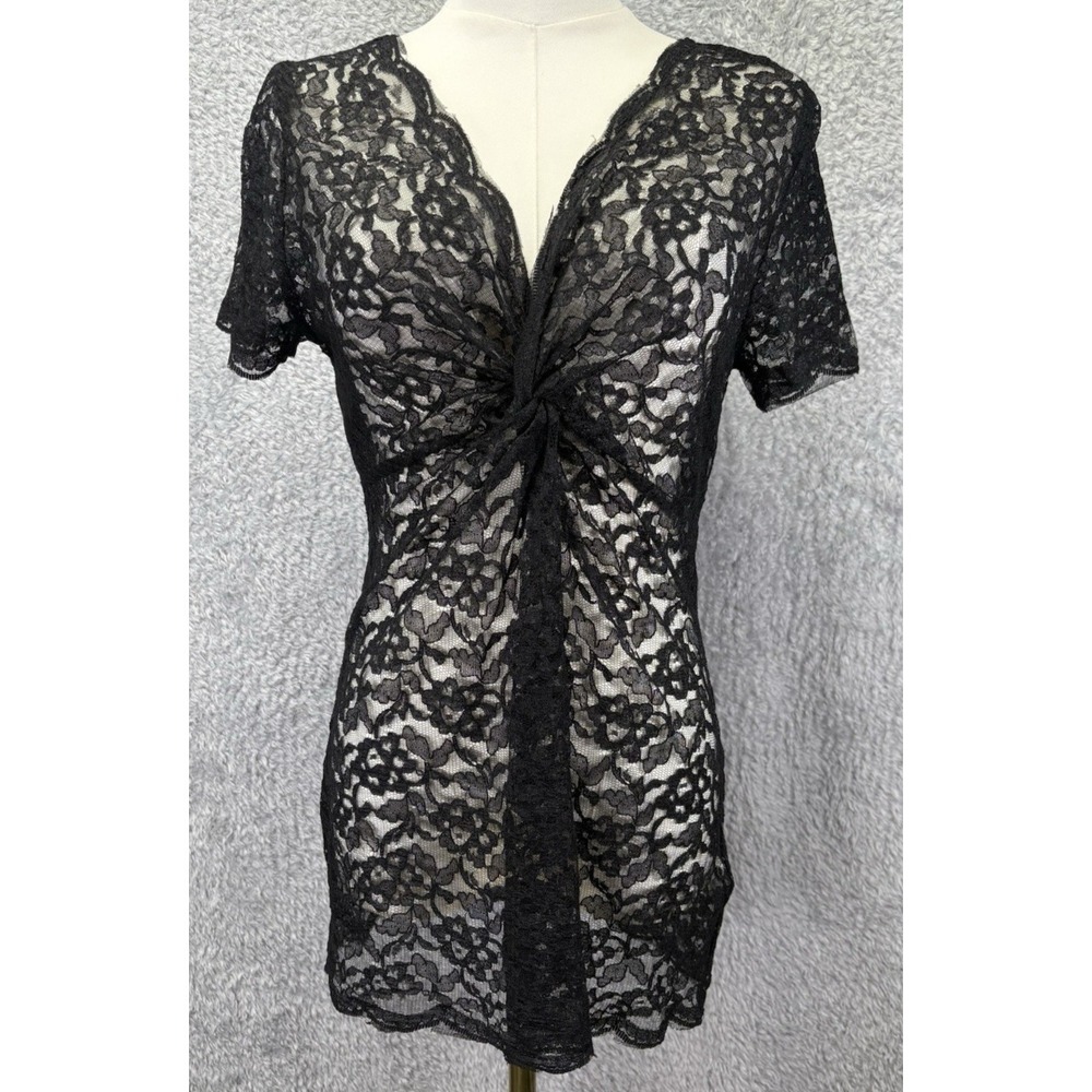 Vintage Passion Concepts Sheer Lace Blouse Women M Black Whimsigoth V-Neck Long